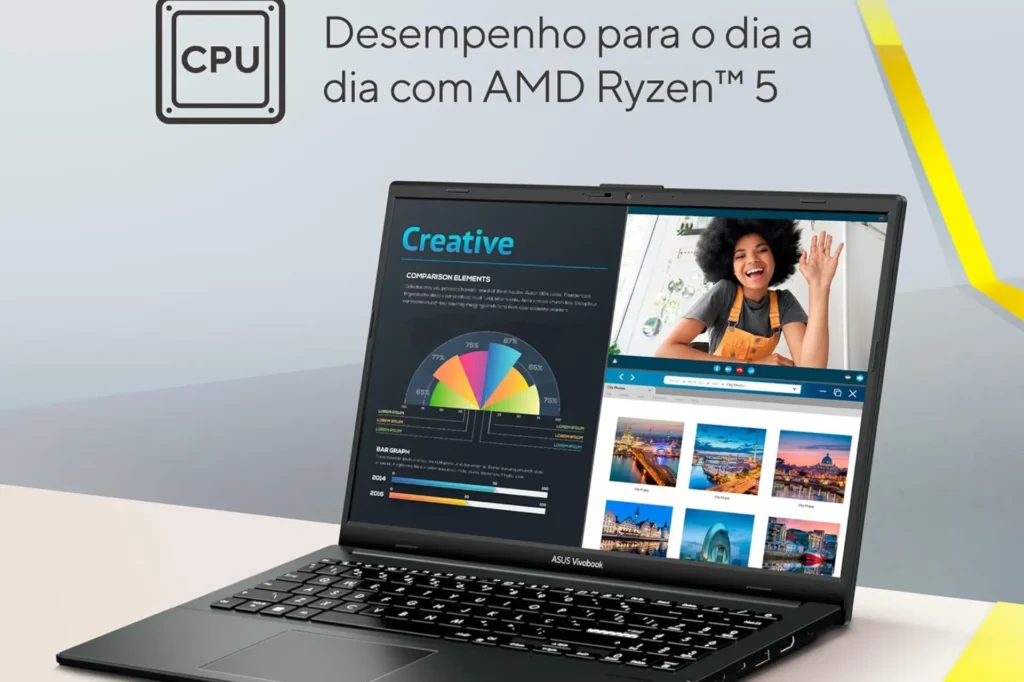 Notebook ASUS VivoBook Go 15 em uma mesa de trabalho".