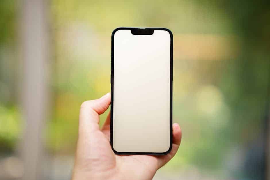 A hand holding a blank smartphone screen outdoors, ideal for mockups.